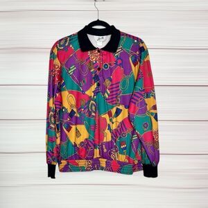 Vintage 80th VERA NEUMANN Colorful Polo Top Blouse Elastic Hem made in USA L